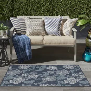 3' X 5' Navy Blue And Ivory Floral Indoor Outdoor Area Rug