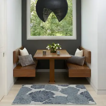 3' X 5' Navy Blue Ivory And Blue Floral Indoor Outdoor Area Rug