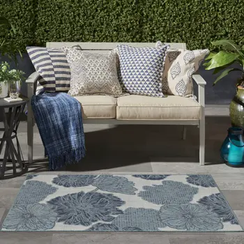 3' X 5' Navy Blue Ivory And Blue Floral Indoor Outdoor Area Rug