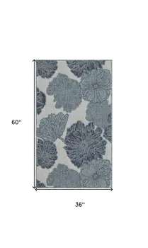 3' X 5' Navy Blue Ivory And Blue Floral Indoor Outdoor Area Rug