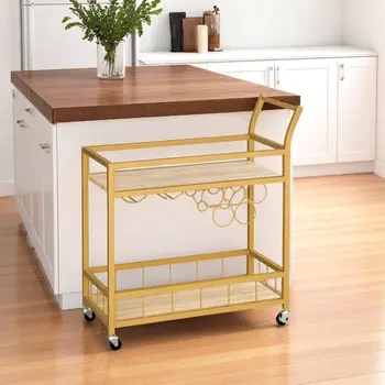 27" Gold Metal and Wood Rolling Bar Cart With Wine Storage