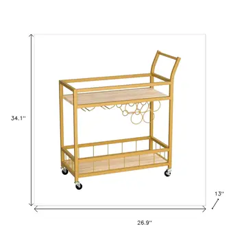 27" Gold Metal and Wood Rolling Bar Cart With Wine Storage