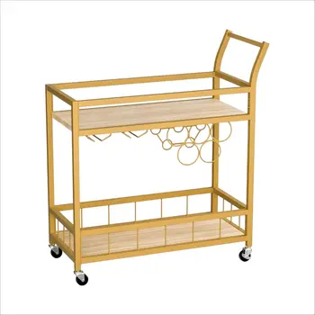 27" Gold Metal and Wood Rolling Bar Cart With Wine Storage
