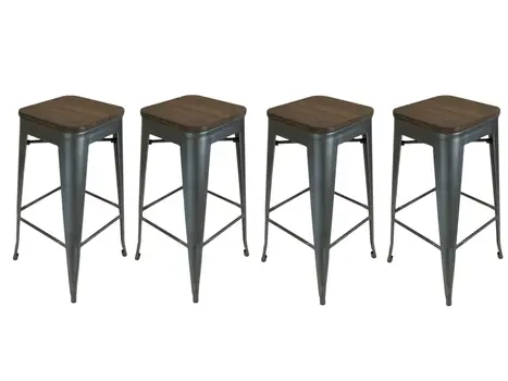 Set of Four 26" Brown and Gunmetal Solid Wood and Metal Backless Counter Height Bar Chairs