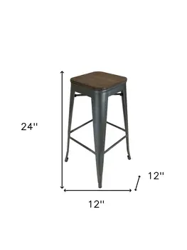 Set of Four 26" Brown and Gunmetal Solid Wood and Metal Backless Counter Height Bar Chairs