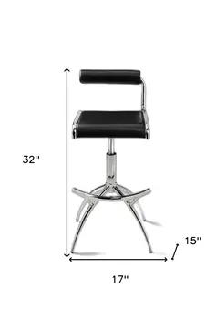 Set of Two Black and Silver Faux Leather and Metal Low Back Adjustable Height Bar Chairs