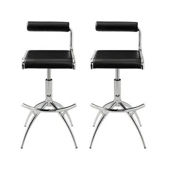 Set of Two Black and Silver Faux Leather and Metal Low Back Adjustable Height Bar Chairs