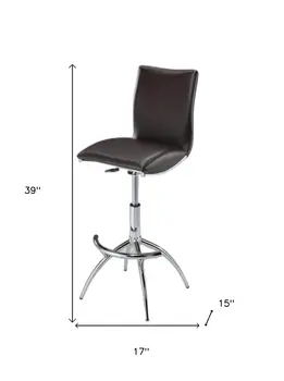 Set of Two Brown and Silver Metal and Faux Leather Low Back Adjustable Height Bar Chairs
