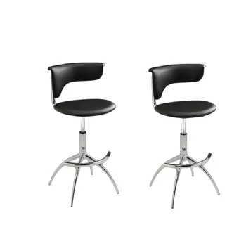 Set of Two Black and Silver Metal and Faux Leather Low Back Adjustable Height Bar Chairs