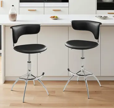 Set of Two Black and Silver Metal and Faux Leather Low Back Adjustable Height Bar Chairs