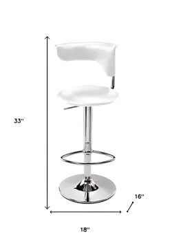 White and Silver Faux Leather and Metal Low Back Adjustable Height Bar Chair