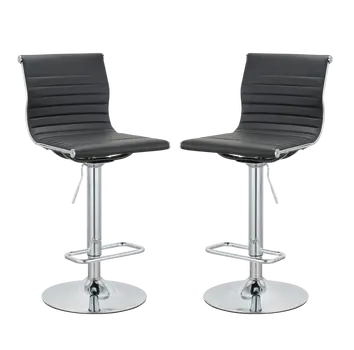 Set of Two Black and Silver Faux Leather and Metal Low Back Adjustable Height Bar Chairs