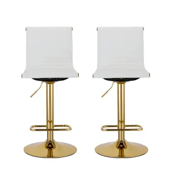 Set of Two White and Gold Faux Leather and Metal Low Back Adjustable Height Bar Chairs