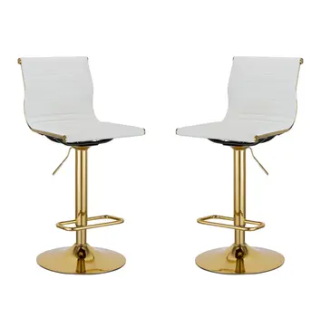 Set of Two White and Gold Faux Leather and Metal Low Back Adjustable Height Bar Chairs