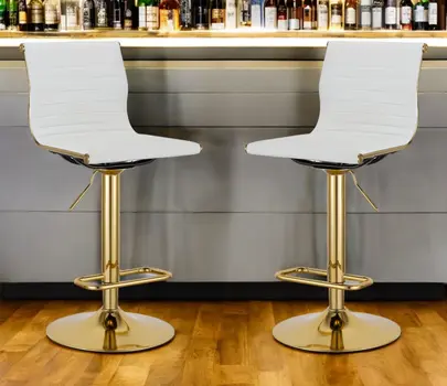 Set of Two White and Gold Faux Leather and Metal Low Back Adjustable Height Bar Chairs