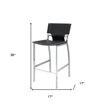 Set of Two 25" Black and Silver Faux Leather and Metal Low Back Counter Height Bar Chairs