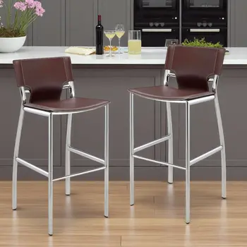 Set of Two 29" Brown and Silver Metal and Faux Leather Low Back Bar Height Bar Chairs