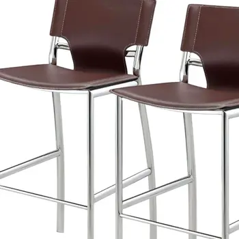 Set of Two 29" Brown and Silver Metal and Faux Leather Low Back Bar Height Bar Chairs