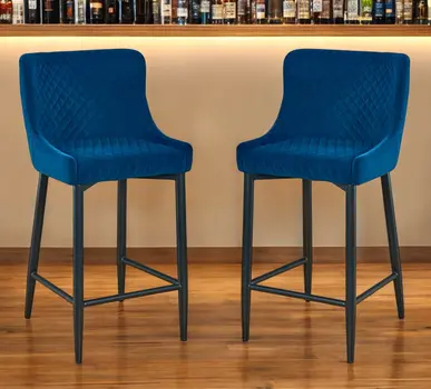 Set of Two 26" Blue and Black Velvet and Metal Low Back Counter Height Bar Chairs