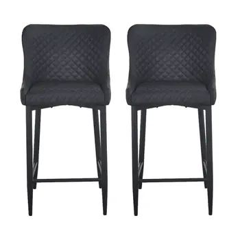 Set of Two 30" Gray and Black Faux Leather and Metal Low Back Bar Height Bar Chairs