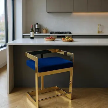 30" Blue and Gold Metal and Velvet Low Back Bar Height Bar Chair