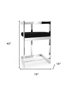 30" Black and Silver Velvet and Stainless Steel Low Back Bar Height Bar Chair