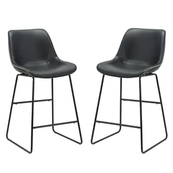 Set of Two Black Faux Leather and Metal Low Back Counter Height Bar Chairs