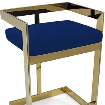 26" Blue and Gold Metal and Velvet Low Back Counter Height Bar Chair