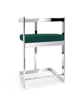26" Green and Silver Velvet and Stainless Steel Low Back Counter Height Bar Chair