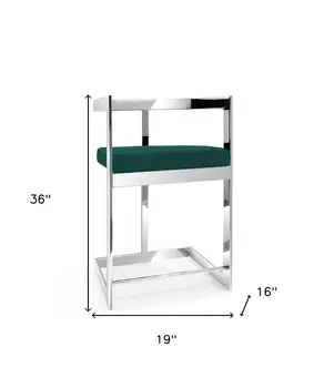 26" Green and Silver Velvet and Stainless Steel Low Back Counter Height Bar Chair
