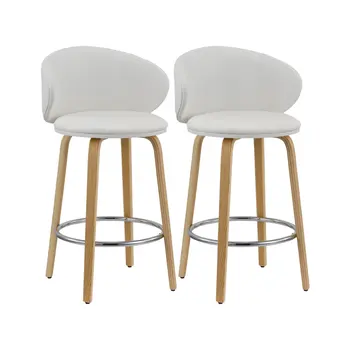 Set of Two 26" White and Brown Faux Leather and Solid Wood Low Back Counter Height Bar Chairs
