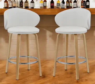 Set of Two 26" White and Brown Faux Leather and Solid Wood Low Back Counter Height Bar Chairs
