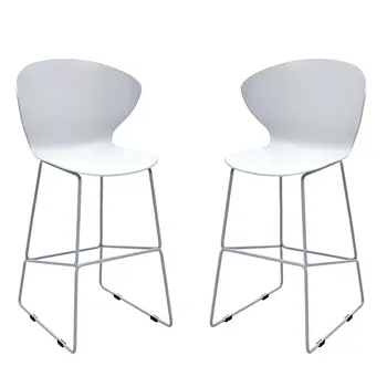 Set of Two 26" White and Silver Heavy Duty Plastic and Metal Low Back Counter Height Bar Chairs