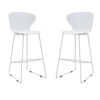 Set of Two 30" White and Silver Heavy Duty Plastic and Metal Low Back Bar Height Bar Chairs