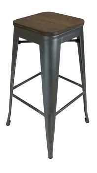 Set of Four 30" Brown and Gunmetal Solid Wood and Metal Backless Bar Height Bar Chairs