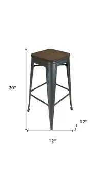Set of Four 30" Brown and Gunmetal Solid Wood and Metal Backless Bar Height Bar Chairs
