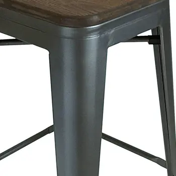 Set of Four 30" Brown and Gunmetal Solid Wood and Metal Backless Bar Height Bar Chairs