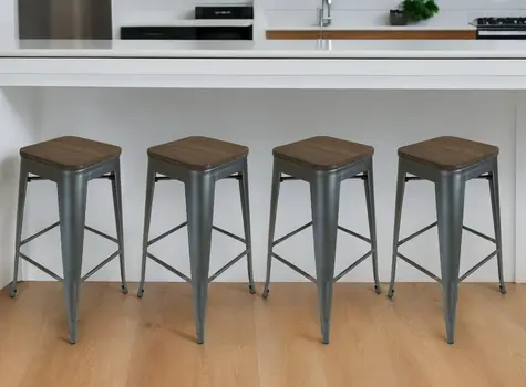 Set of Four 30" Brown and Gunmetal Solid Wood and Metal Backless Bar Height Bar Chairs