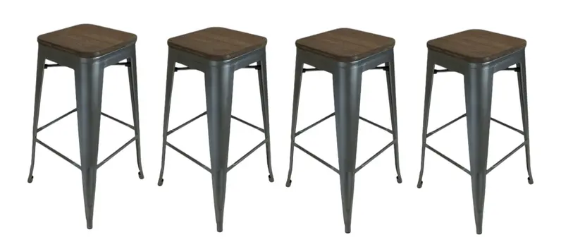 Set of Four 30" Brown and Gunmetal Solid Wood and Metal Backless Bar Height Bar Chairs