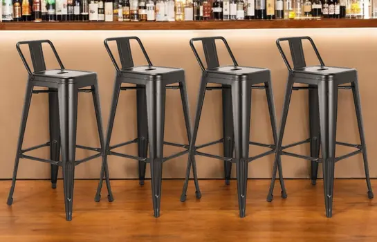 Set of Four 30" Black Steel and Metal Low Back Bar Height Bar Chairs