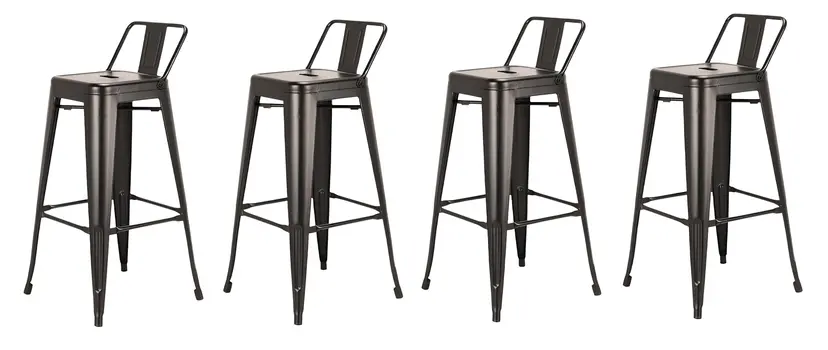 Set of Four 30" Black Steel and Metal Low Back Bar Height Bar Chairs