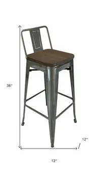 Set of Four 30" Brown and Gray Solid Wood and Metal Low Back Bar Height Bar Chairs