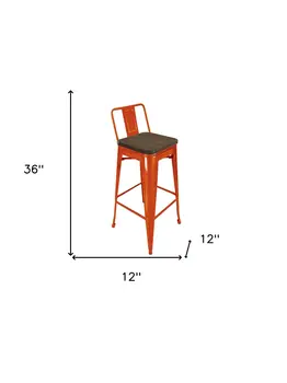 Set of Four 30" Brown and Orange Solid Wood and Steel Low Back Bar Height Bar Chairs
