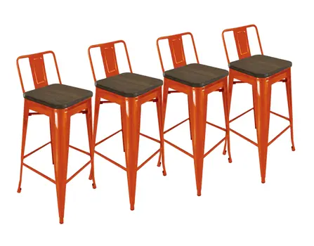 Set of Four 26" Brown and Orange Solid Wood and Metal Low Back Counter Height Bar Chairs