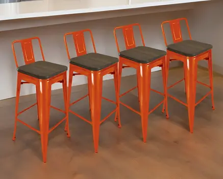 Set of Four 26" Brown and Orange Solid Wood and Metal Low Back Counter Height Bar Chairs