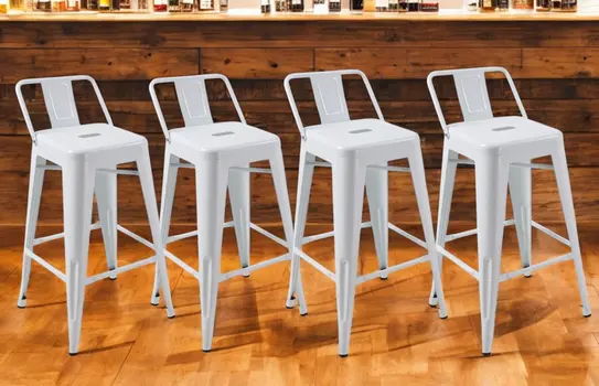 Set of Four 26" White Steel and Metal Low Back Counter Height Bar Chairs