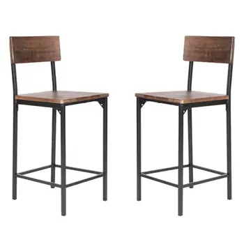 Set of Two 25" Brown and Black Solid Wood and Metal Counter Height Bar Chairs
