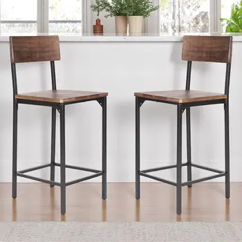 Set of Two 25" Brown and Black Solid Wood and Metal Counter Height Bar Chairs