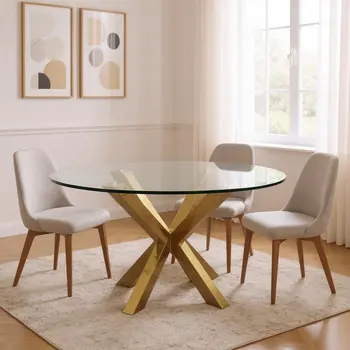 54" Clear and Gold Glass And Metal Cross Leg Base Round Top Dining Table