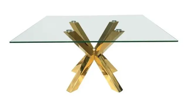 60" Clear and Gold Glass And Metal Cross Leg Base Square Dining Table